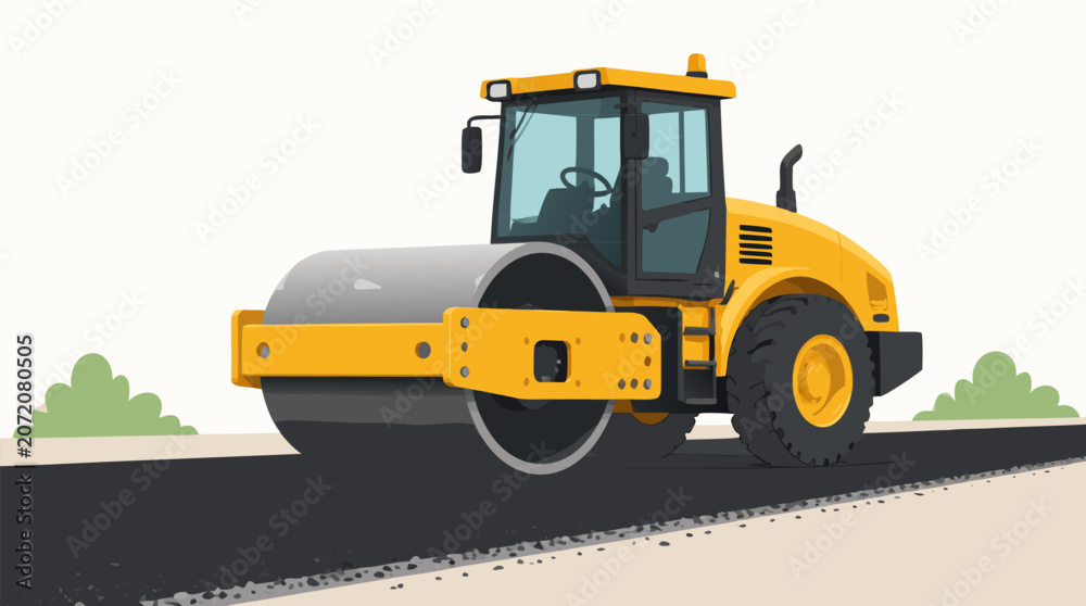 Fototapeta premium Road roller machine compressing and flattening fresh hot asphalt at a paving site, flat vector illustration suitable for construction and infrastructure design projects.