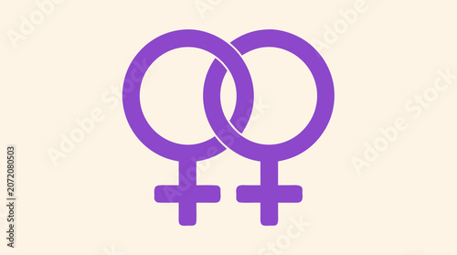Two interlocking female gender symbols in bold bright colors representing lesbian pride and LGBTQ equality, flat vector illustration for Pride Month designs.