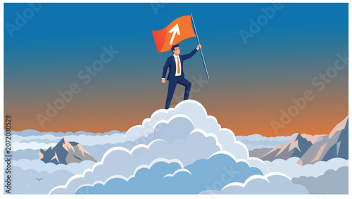 Businessman standing on cloud peak holding flag representing success and achievement