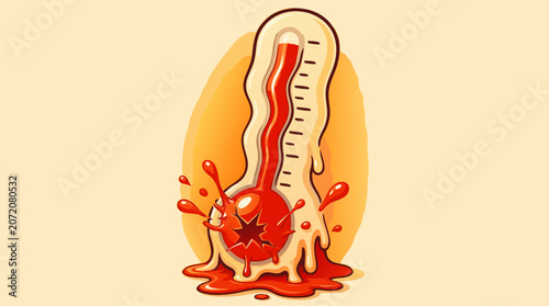 Red thermometer showing extreme high temperatures against a blazing hot summer background, flat vector illustration ideal for heatwave, climate change, and canicule awareness.