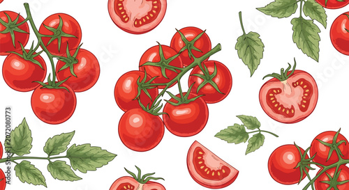Seamless vector pattern of ripe red tomatoes, tomato slices, and green leaves arranged on a clean background. Perfect for food packaging, kitchen textiles, wallpapers, menus, and organic branding
