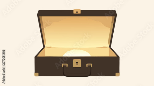 A dark brown open briefcase with a glowing warm golden light emanating from inside shown as a flat vector illustration on a cream background, suitable for business opportunity concepts, career coachin