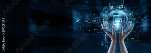 Tableau sur toile Financial broker and buyer holding hands processing Digital Payment encrypted network transactions to finalize retail deals