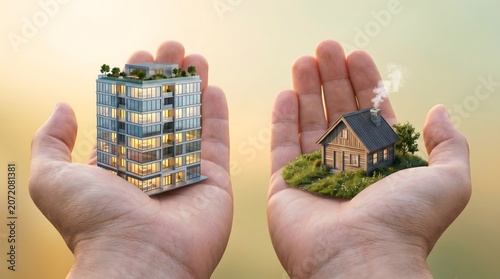 Conceptual image of hands holding modern apartment building and traditional small house with building apartment property lifestyle contrast decision comparison