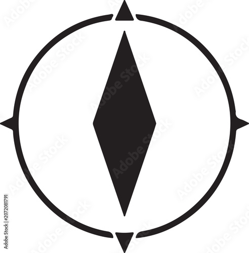 Minimalist compass icon featuring a clean geometric directional pointer enclosed within a circular frame. Bold black silhouette vector design ideal for navigation apps, travel brands, outdoor adventur