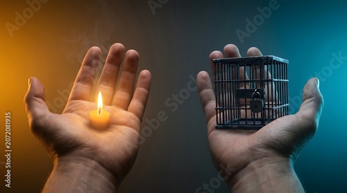 Person holding glowing candle versus iron metal cage in hands representing freedom versus captivity conceptual photography with dramatic dual lighting background