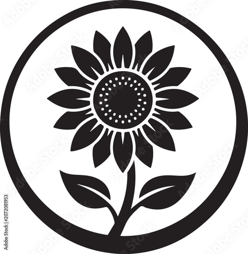 Sunflower Emblem Silhouette Icon, Floral Badge Logo, Botanical Nature Symbol.