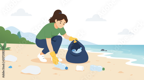A woman in a green shirt and yellow gloves collecting plastic bottles from a sandy beach into a blue trash bag shown as a flat vector illustration on a light background, suitable for environmental cle
