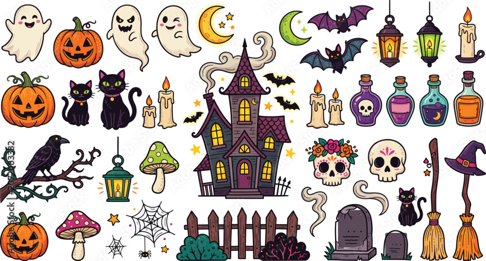 Fototapeta premium Set of various hand drawn halloween elements including haunted house pumpkins ghosts bats skulls potions and black cats on white background