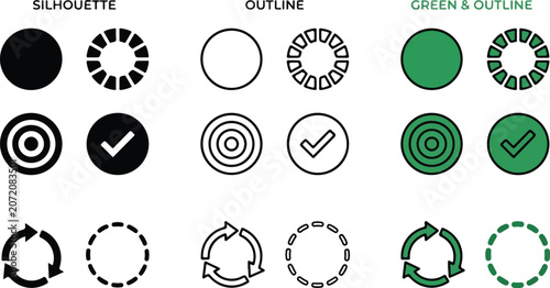 Set of simple circular icons in silhouette outline and filled green versions for various design projects