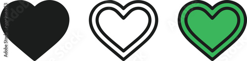 Set of three heart icons in different colors including filled black heart outline heart and green heart shapes