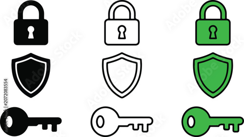Set of three pairs of security icons featuring padlocks shields and keys in different color styles isolated on transparent background