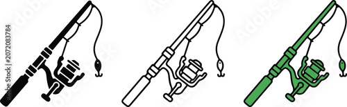 Three fishing rods with reels and hooks illustrated in different styles isolated on transparent background