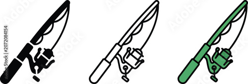 Three stylized fishing rod icons with reel and line in different artistic designs isolated on transparent background