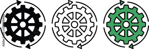 Three stylized gear icons with different colors and rotation arrows isolated on transparent background for design projects
