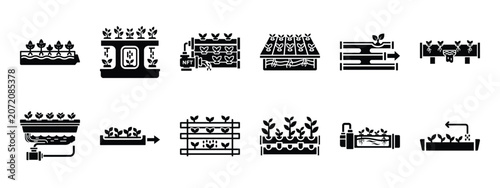 Foto nutrient film technique icon set, black color and white background