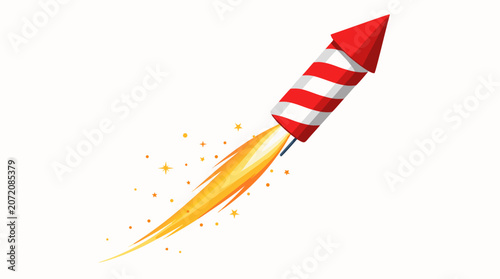 A red and white striped firework rocket soaring upward with an orange flame trail shown as a flat vector illustration on a light background, perfect for Fourth of July celebration graphics, New Year's