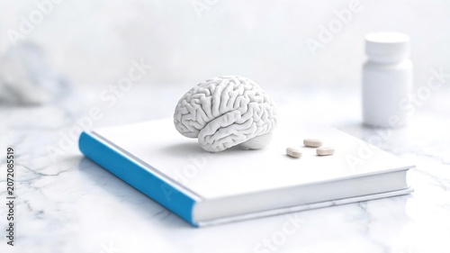 Brain model on book with pills and medicine bottle on marble surface