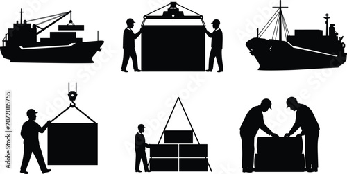 Silhouette of dock workers loading cargo containers on ship, industrial shipping and logistics teamwork, maritime transport and global trade illustration