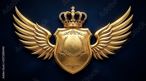 Golden shield with wings and royal crown emblem illustration