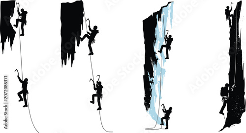 Silhouette of ice climbers scaling frozen cliffs with ropes and axes, extreme winter mountain climbing, outdoor adventure and exploration illustration