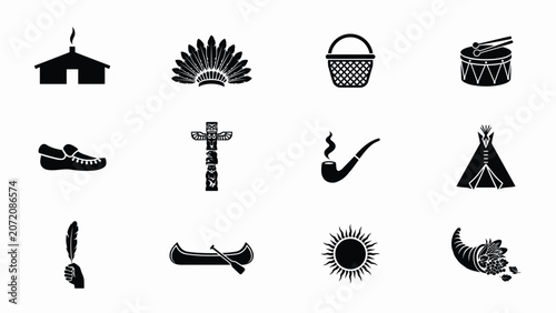 Indigenous culture heritage icon set featuring traditional native american style symbols.