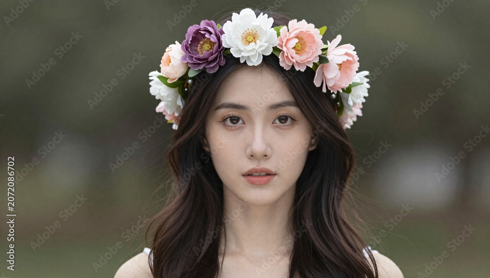 Naklejka premium Portrait of a beautiful woman wearing a flower crown looking at the viewer