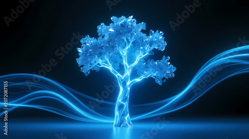 Glowing blue tree of light in dark space