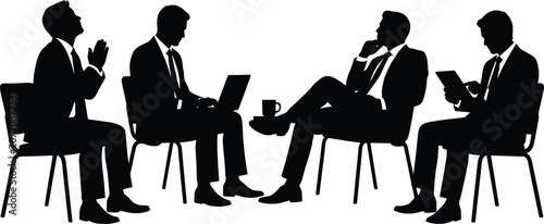 Photos Silhouette of four businessmen sitting in chairs, engaged in various activities