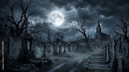 Spooky cemetery with full moon and old church at night illustration