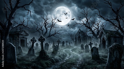Spooky graveyard at night under a full moon with bats illustration