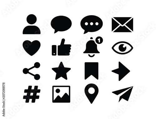 A collection of black social media and communication interface on a white background