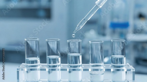 Laboratory test tubes with liquid and dropper in scientific research