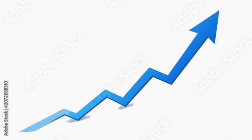 A bold blue 3D upward-trending line graph arrow rising sharply from left to right shown as a flat vector illustration on a light background, ideal for financial reports, business growth presentations,