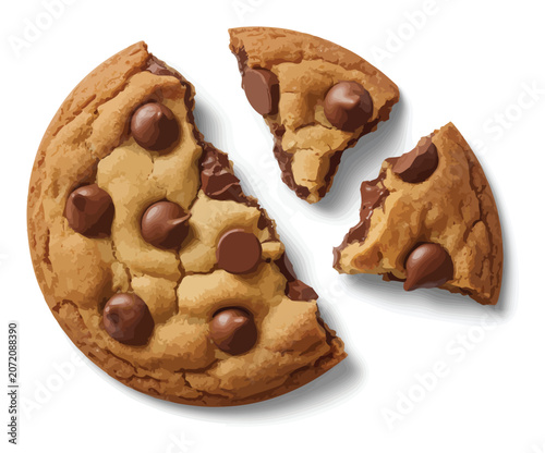 A delicious chocolate chip cookie broken into three pieces isolated on a white background for a sweet snack concept