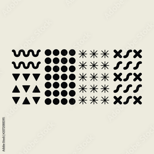 A minimalist collection of geometric shapes and abstract symbols arranged in a grid pattern on a neutral background