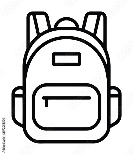 A simple black and white line of a school backpack for students