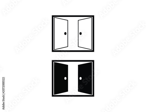 Minimalist set featuring two square frames with open double doors in contrasting black and white color schemes