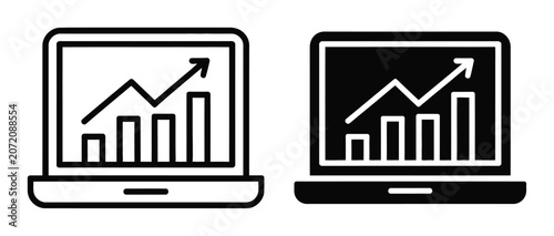 Set of laptop featuring growing financial bar charts and upward trending arrows for business data analysis
