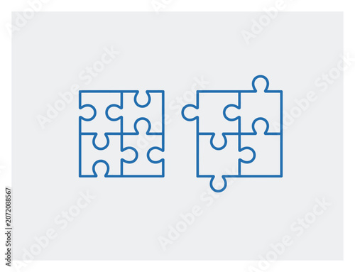 Two sets of four connected blue puzzle pieces isolated on a light gray background representing problem solving and teamwork