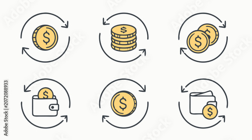 Clean flat vector illustration on a light background showing circulating dollar coins and wallets with arrows, ideal for finance apps, payment services, or cash flow presentations.