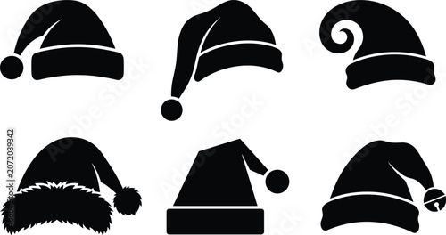 Photos Black silhouettes of six christmas hats with various styles, including pom-poms