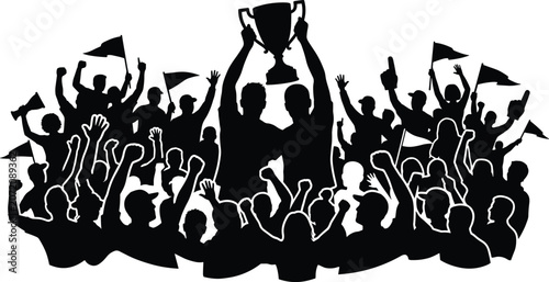 Fotografie Silhouette of a crowd celebrating with flags and a trophy celebration