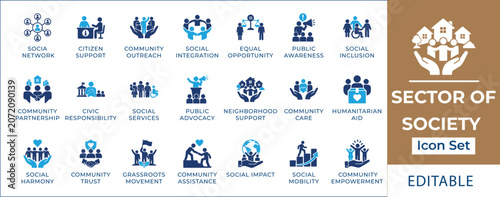 Картината върху платно Sector of society icon set featuring community welfare, social justice, charity donation box, public activism, inclusivity, humanitarian aid, and NGO support symbols
