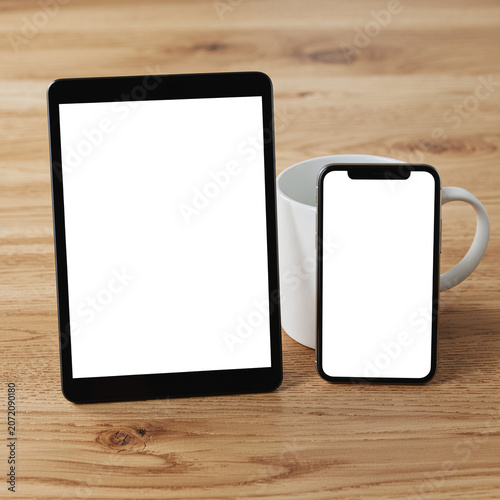 PNG Frame Mockup with Transparent Screen Tablet and Smartphone on Wooden Desk