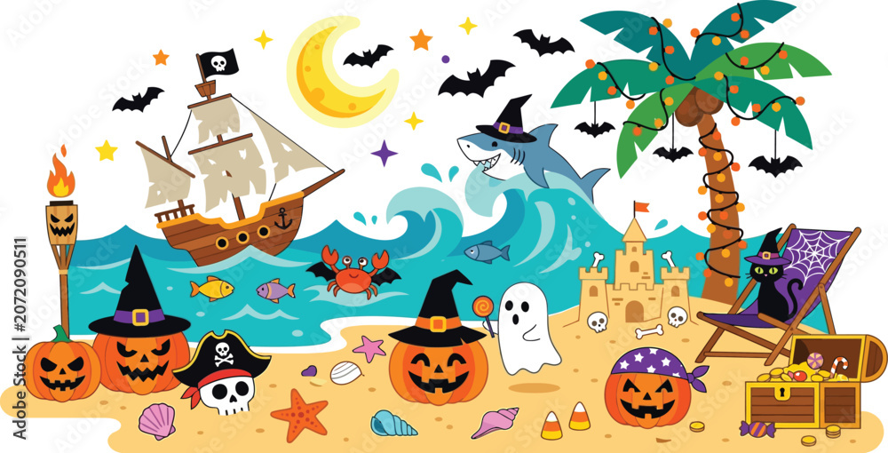 Obraz premium Beachfront party scene features spooky characters celebrating a coastal.