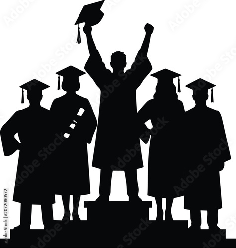 Принти на полотні Silhouette of graduates in caps and gowns, one holding up a graduation cap
