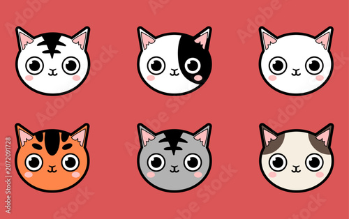 Cute Kawaii Cat Face Collection with Different Breeds and Fur Patterns Illustration