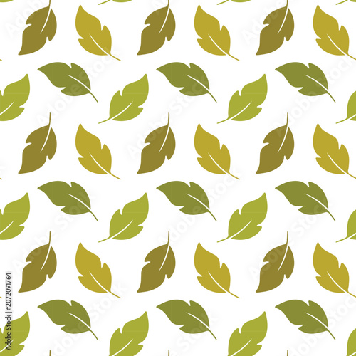 Seamless pattern of stylized green and gold leaves on white background. Decorative nature seamless pattern for textile, wallpaper, and packaging.