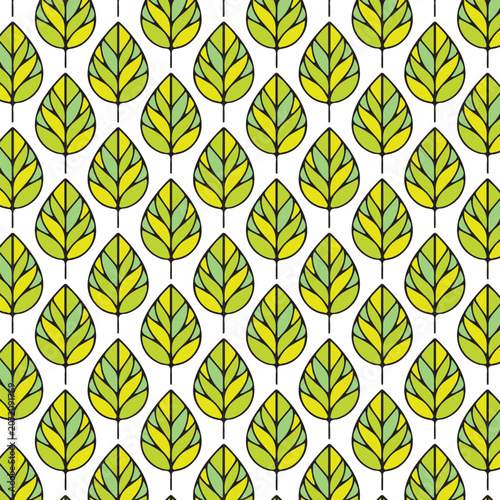 Geometric Seamless Pattern with Stylized Green Leaves. Abstract Botanical Background Featuring Yellow and Green Foliage